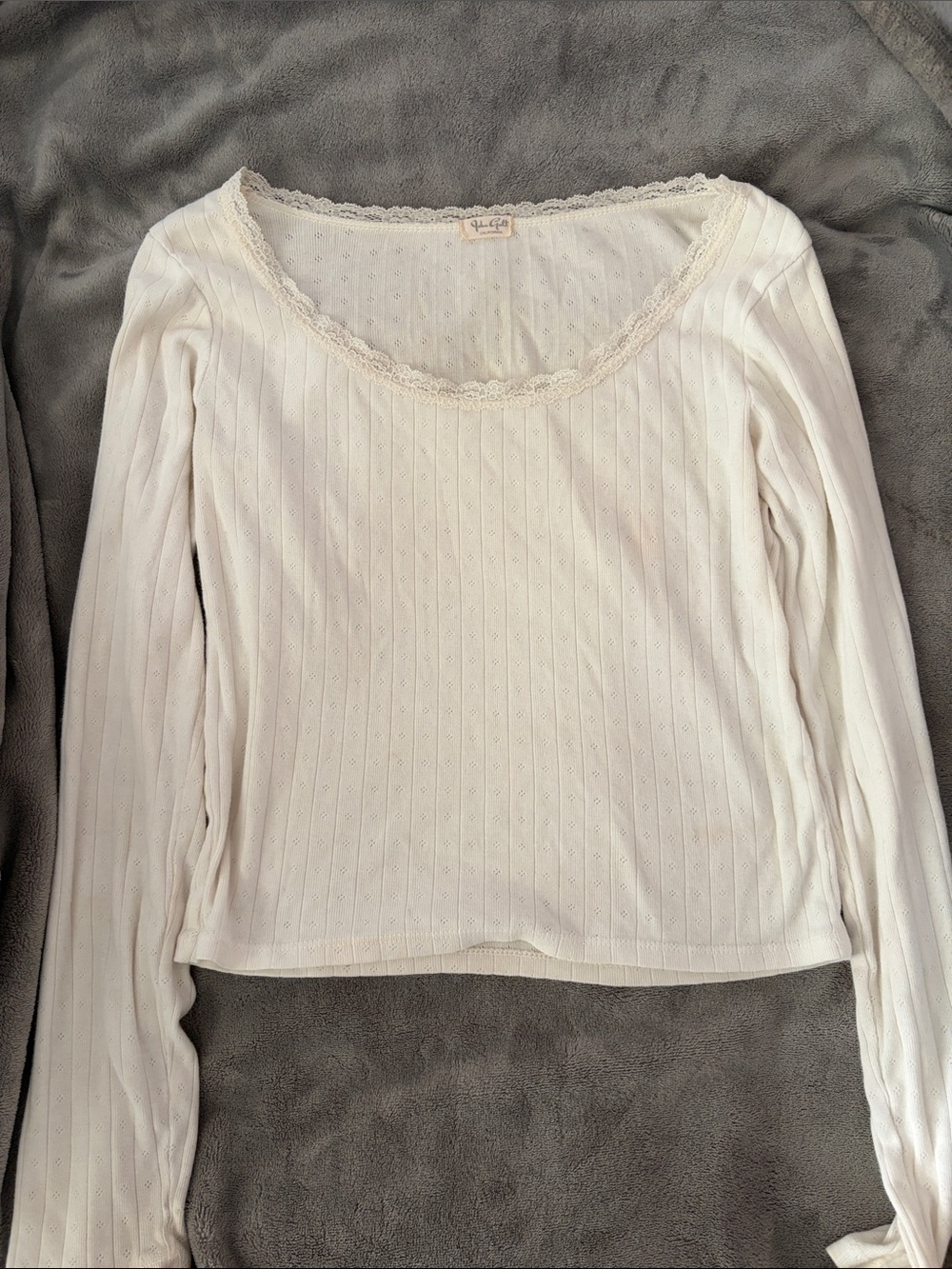 Brandy Melville Ivory Lace-Trim Ribbed Long Sleeve Top